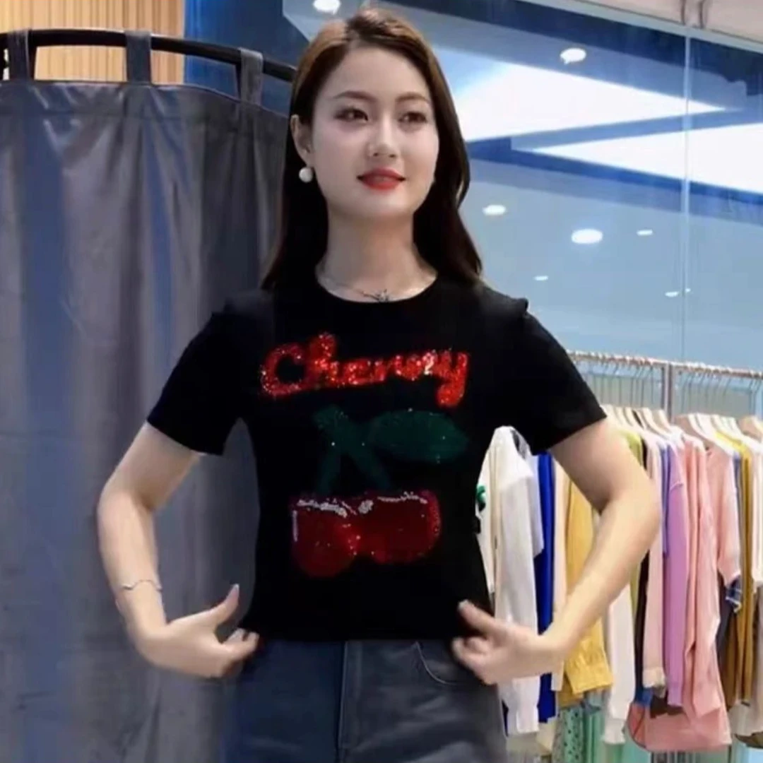 夏季重工烫钻短袖T恤设计感百搭显瘦上衣短款气质洋气半袖爆款潮