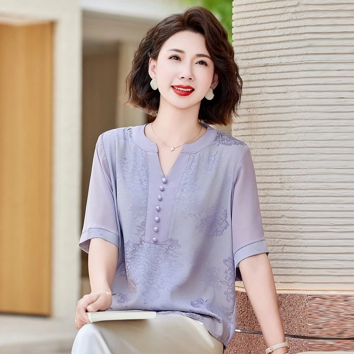 妈妈夏季雪纺短袖小衫洋气2025新款中老年女装立领百搭显瘦上衣