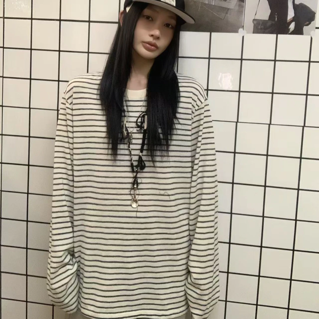 S.X 2025春夏新款条纹拼接长款T恤