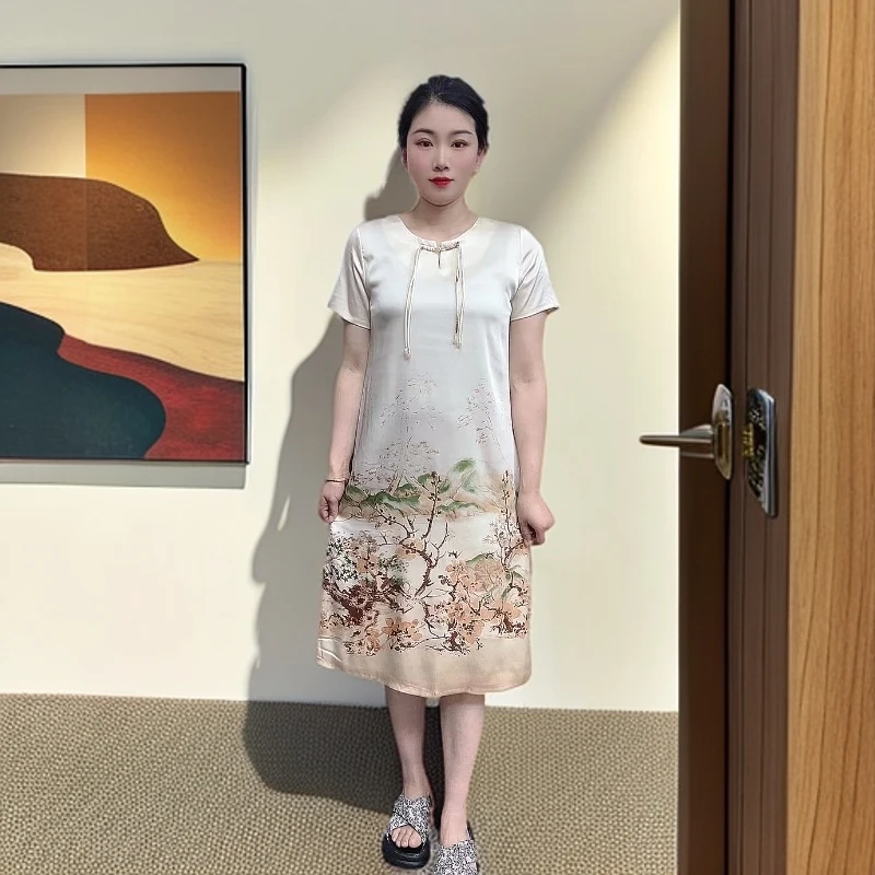 【米色梅花图】2025夏季妈妈装高端连衣裙气质中年女装优雅过膝长裙