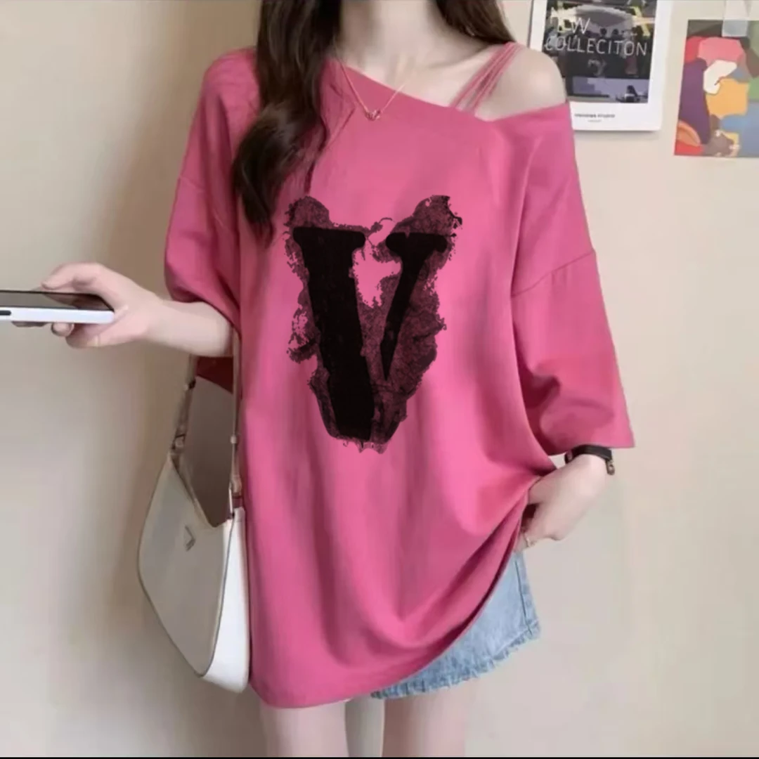 2025落肩袖长款速干短袖杂志风小众T恤显瘦ins印花宽松夏季设计师