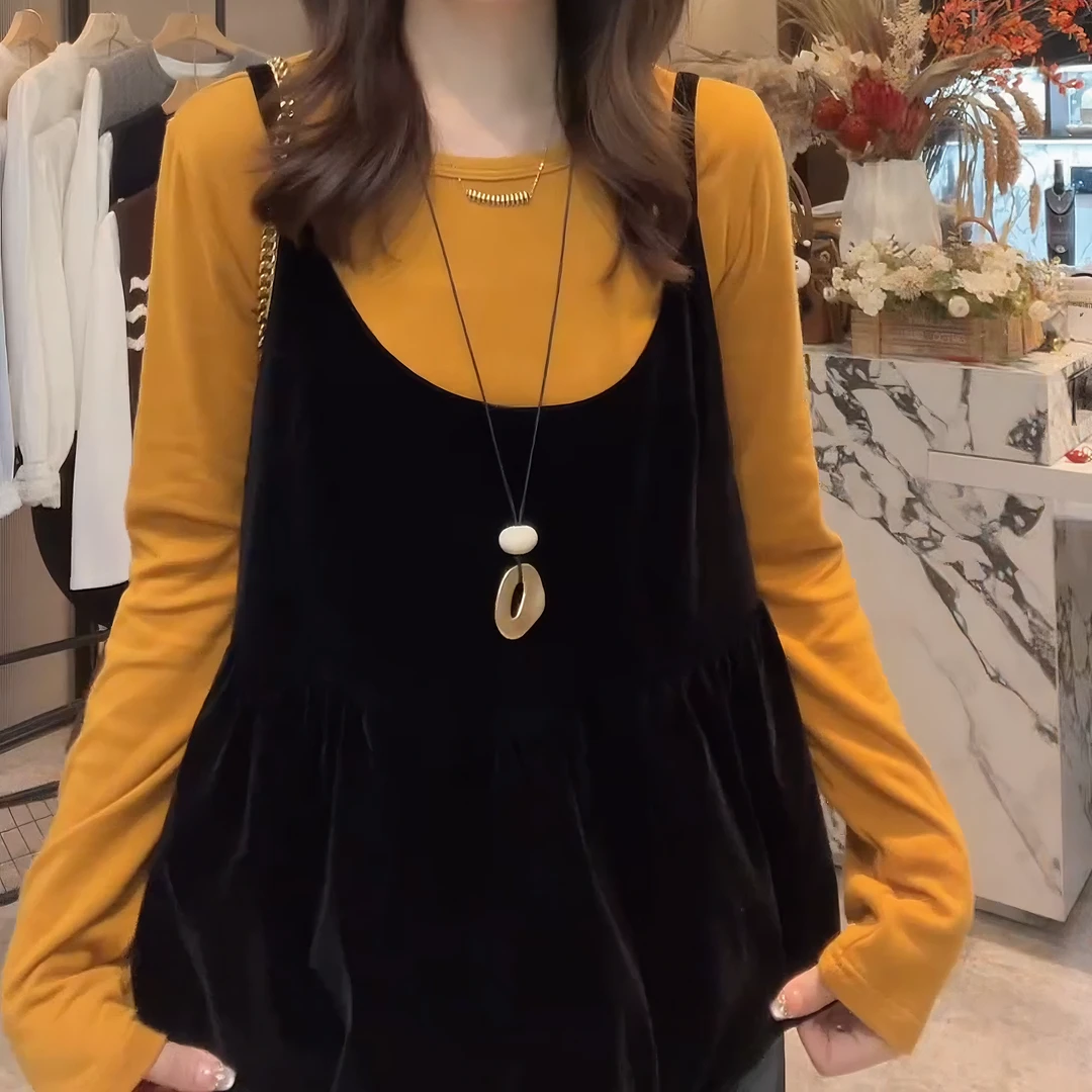 【双拼童话】网红洋气炸街秋季长袖打底衫+吊带两件套女LK2506386