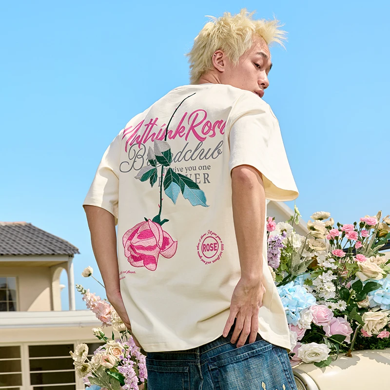 Nuthink玫瑰花刺绣短袖T恤重磅美式半袖复古痞帅慵懒风2025男女