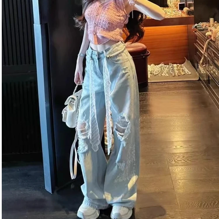 复古烫钻蕾丝拼接破洞牛仔裤子女高腰直筒显瘦春夏季阔腿拖地裤