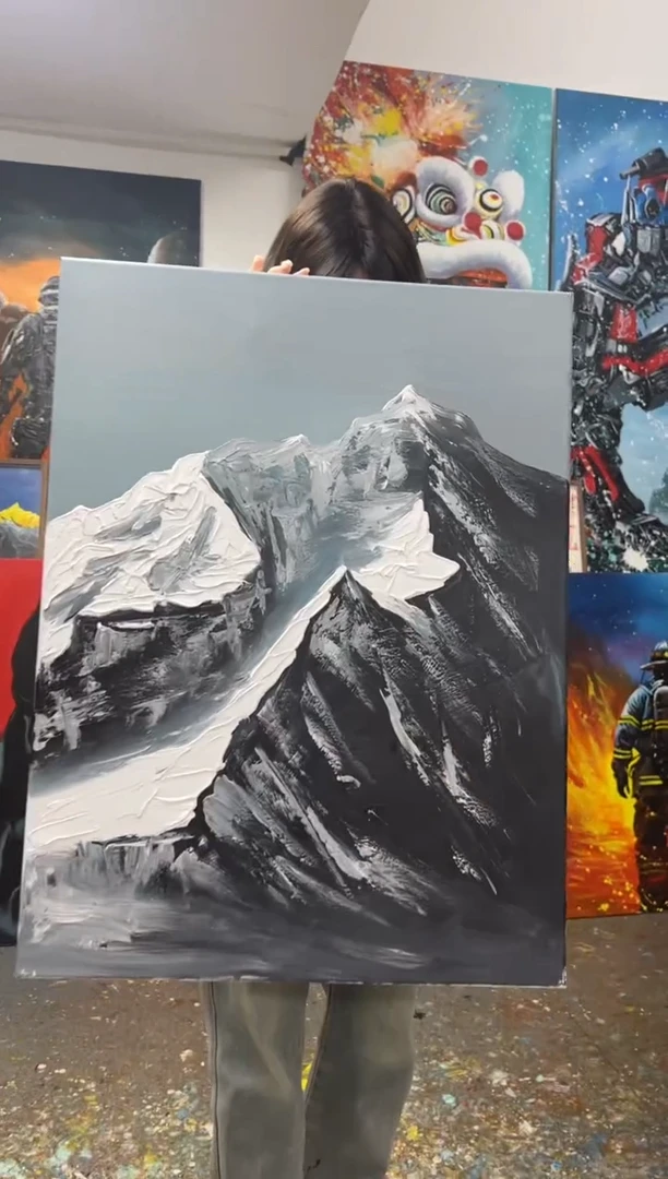 丙烯画大树老师雪山加框