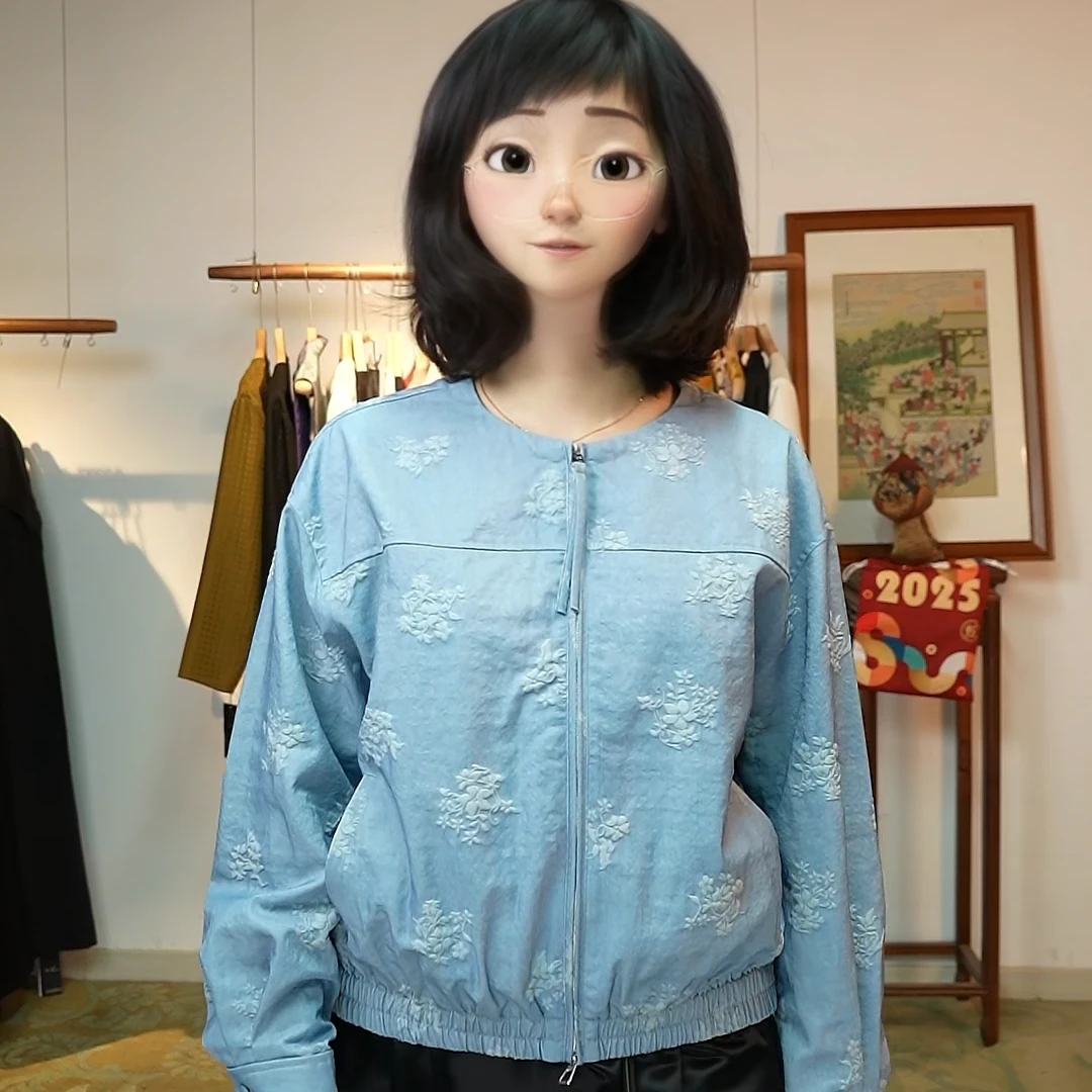 中国丝绸 桑蚕丝重磅浮雕提花小落肩圆领百搭利落牛仔夹克H951052