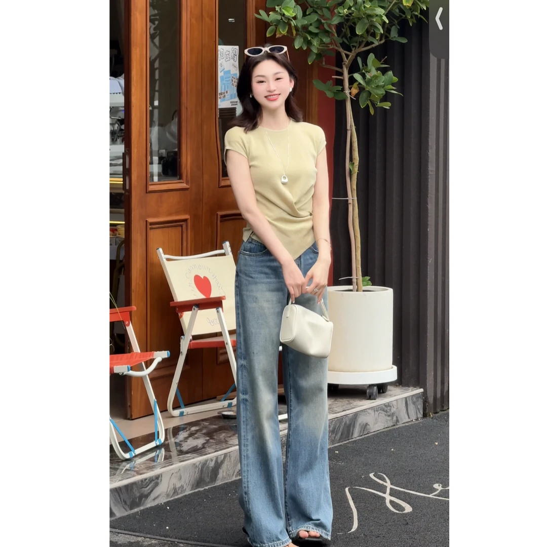 【微微专属】蓝色牛仔裤女2025夏季新款高腰显瘦时尚阔腿裤