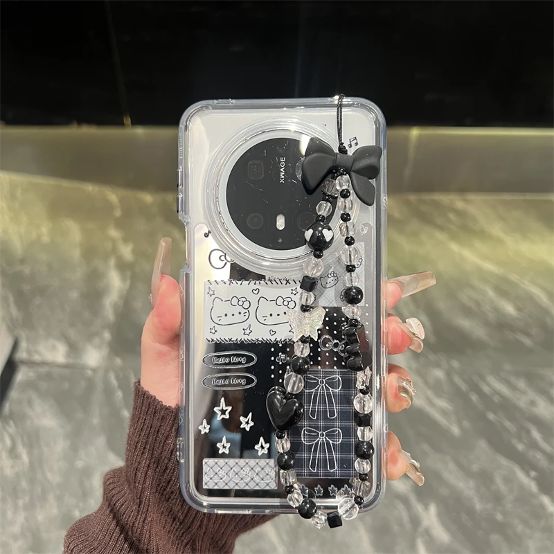 适用华为mate70pro+手机壳p70/p60pro镜面格纹蝴蝶结KT猫mate60女