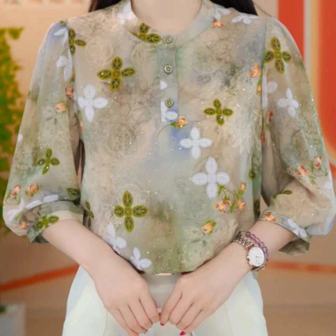 【洒银工艺】夏季七分袖薄款冰丝衬衫大码胖mm遮肚显瘦减龄防晒小衫