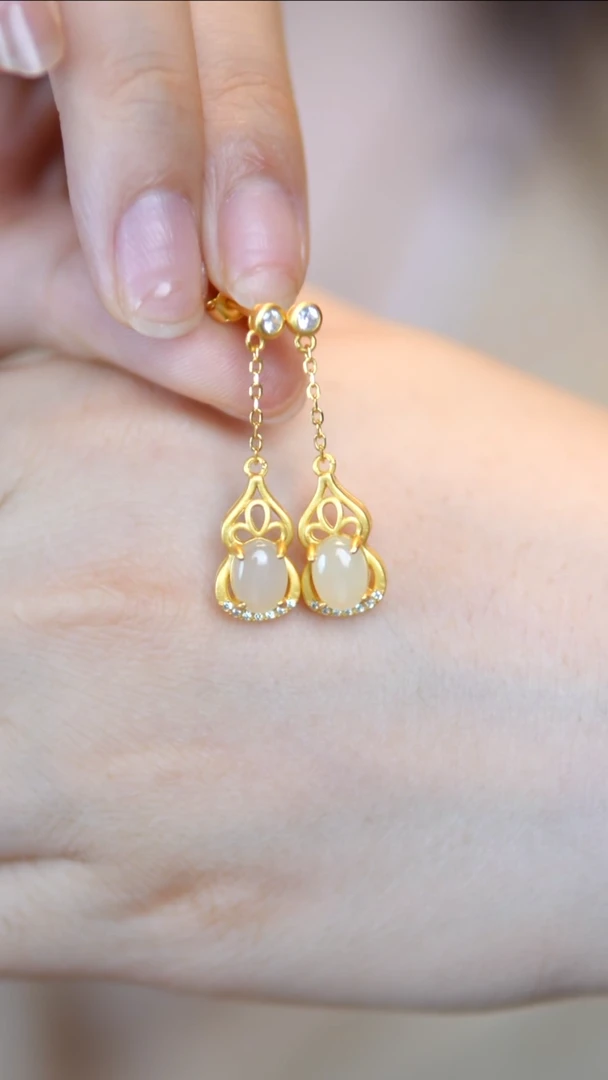 银S925镶嵌和田玉耳坠耳坠丨葫芦款