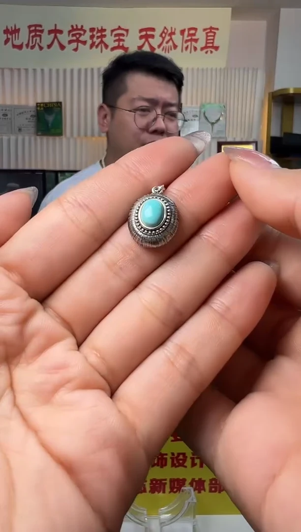 绿松石银S925镶嵌项链绿松石大蛋面吊坠S925复古银