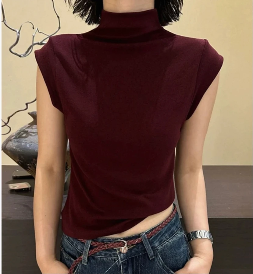 2025半高领落肩袖无袖纯欲风T桖韩版纯色打底背心女内搭修身上衣