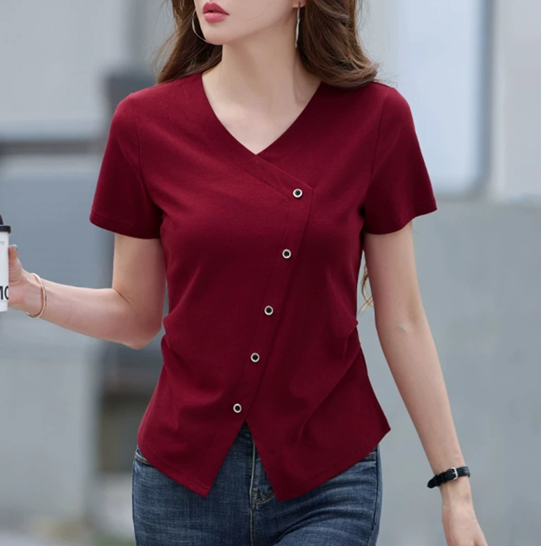 95棉V领短袖t恤女ins大红色2025夏季新款宽松显瘦开叉体恤衫