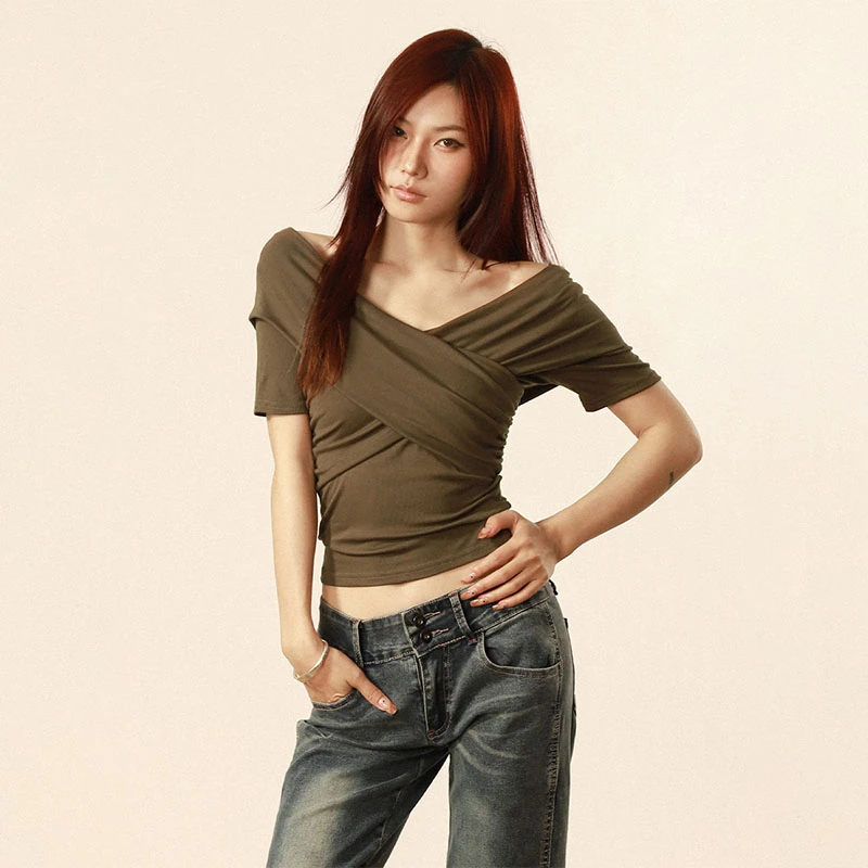ROMORE美式复古辣妹交叉短袖T恤女2025夏季新款纯色收腰显瘦上衣
