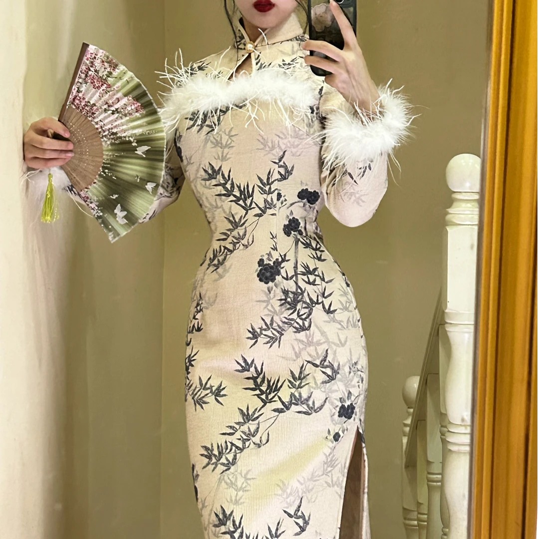 50万粉丝福利画报夫人原创自制新中式国风竹子加厚旗袍青竹魂