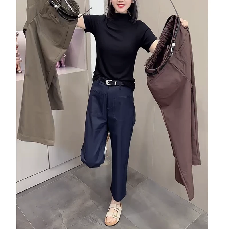 高腰直筒休闲裤女2025年夏季新款大码宽松时尚松紧腰九分烟管裤子