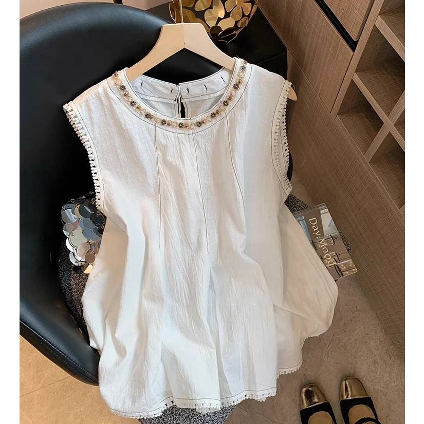 民族风编织钉珠亚麻无袖背心女2025年夏季新款小众设计感宽松上衣