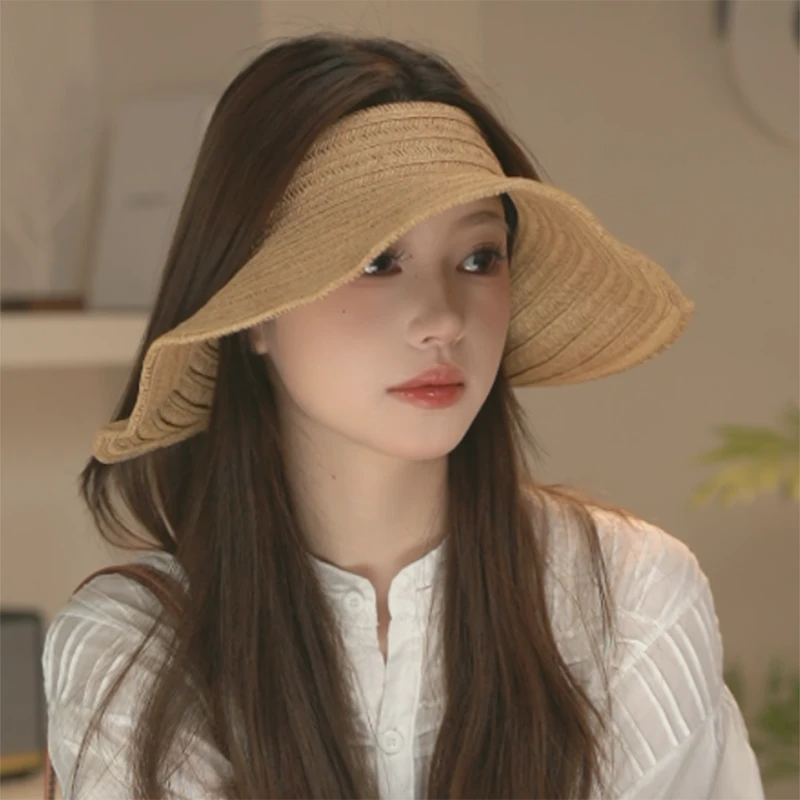 原创设计日系纯色草编空顶帽子女夏季可卷大帽檐帽出游百搭太阳帽
