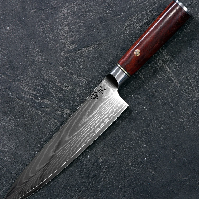 《影》真大马士革流沙纹10cr15mov钢芯60-62±HRC红檀木主厨牛刀