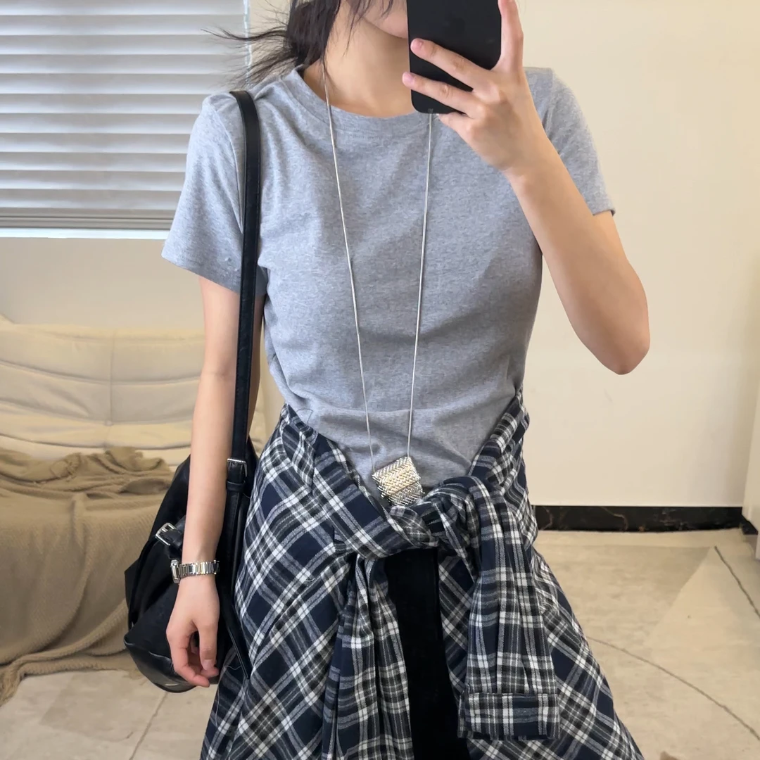 【清】逸语2025夏装韩版简约百搭纯色短袖T恤女正肩T上衣72337-1