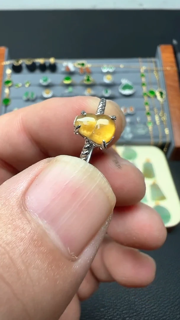 银S925镶嵌戒指翡翠天然缅甸翡翠a货葫芦戒指