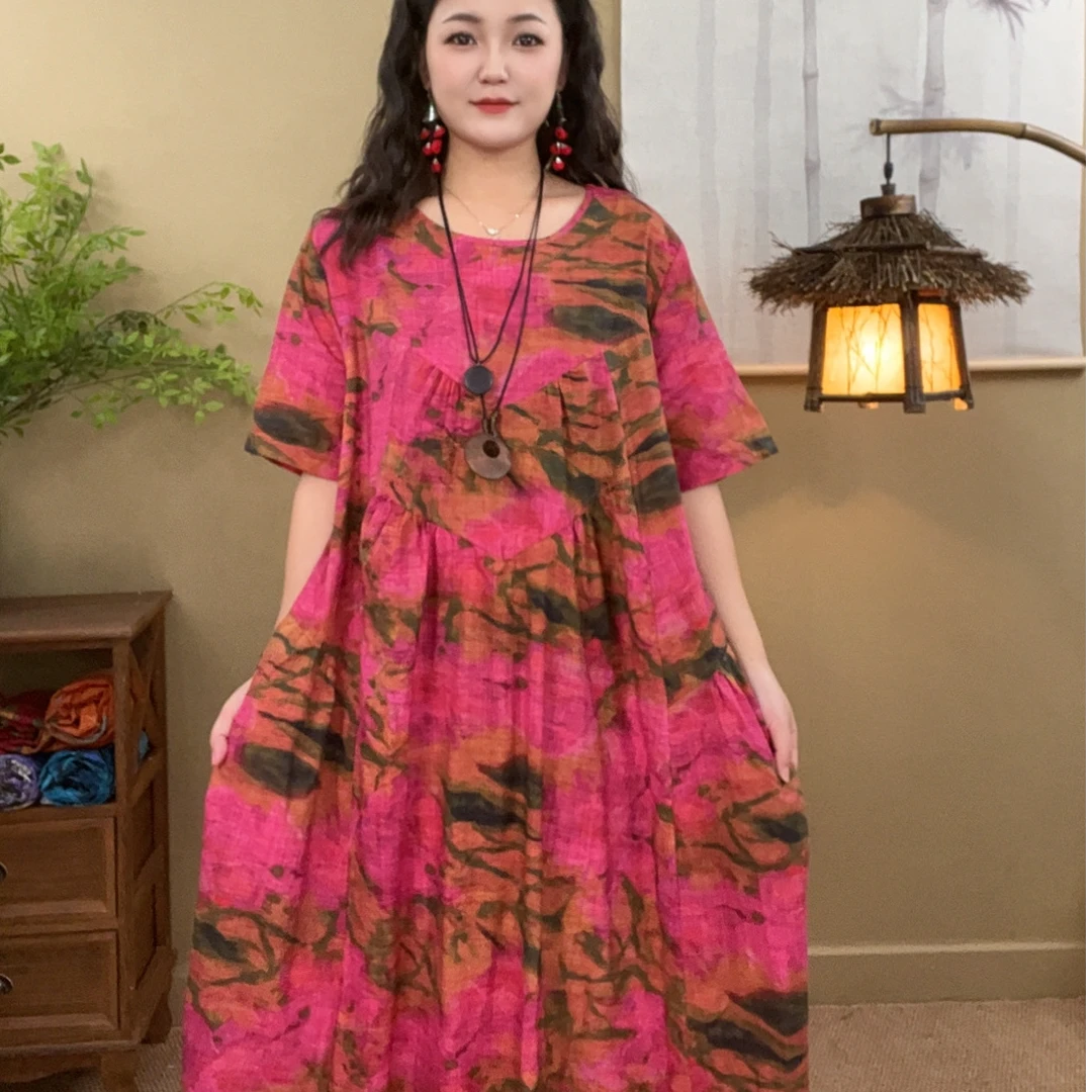 休闲风中国风夏季复古港风连衣裙复古印花圆领宽松中长款民族风