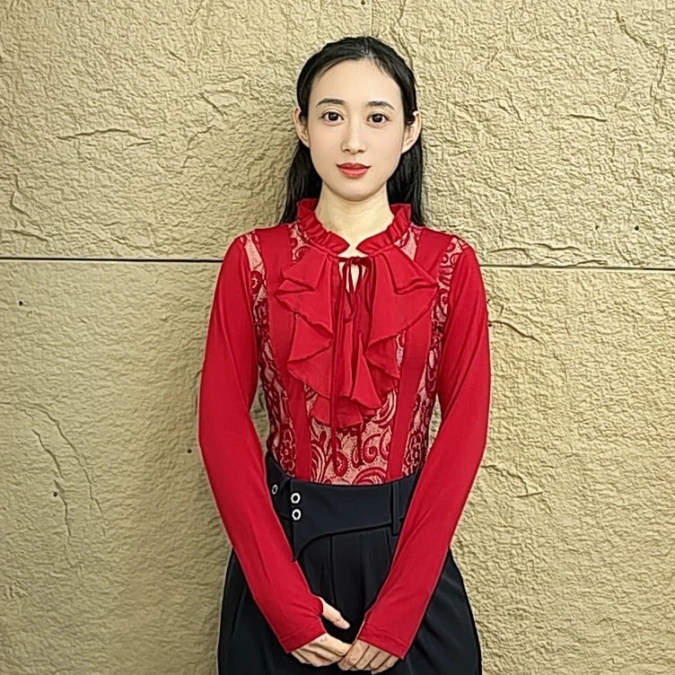 欢舞阁吉特巴摩登舞气质女士木耳边绑带交际广场舞长袖舞衣A0793