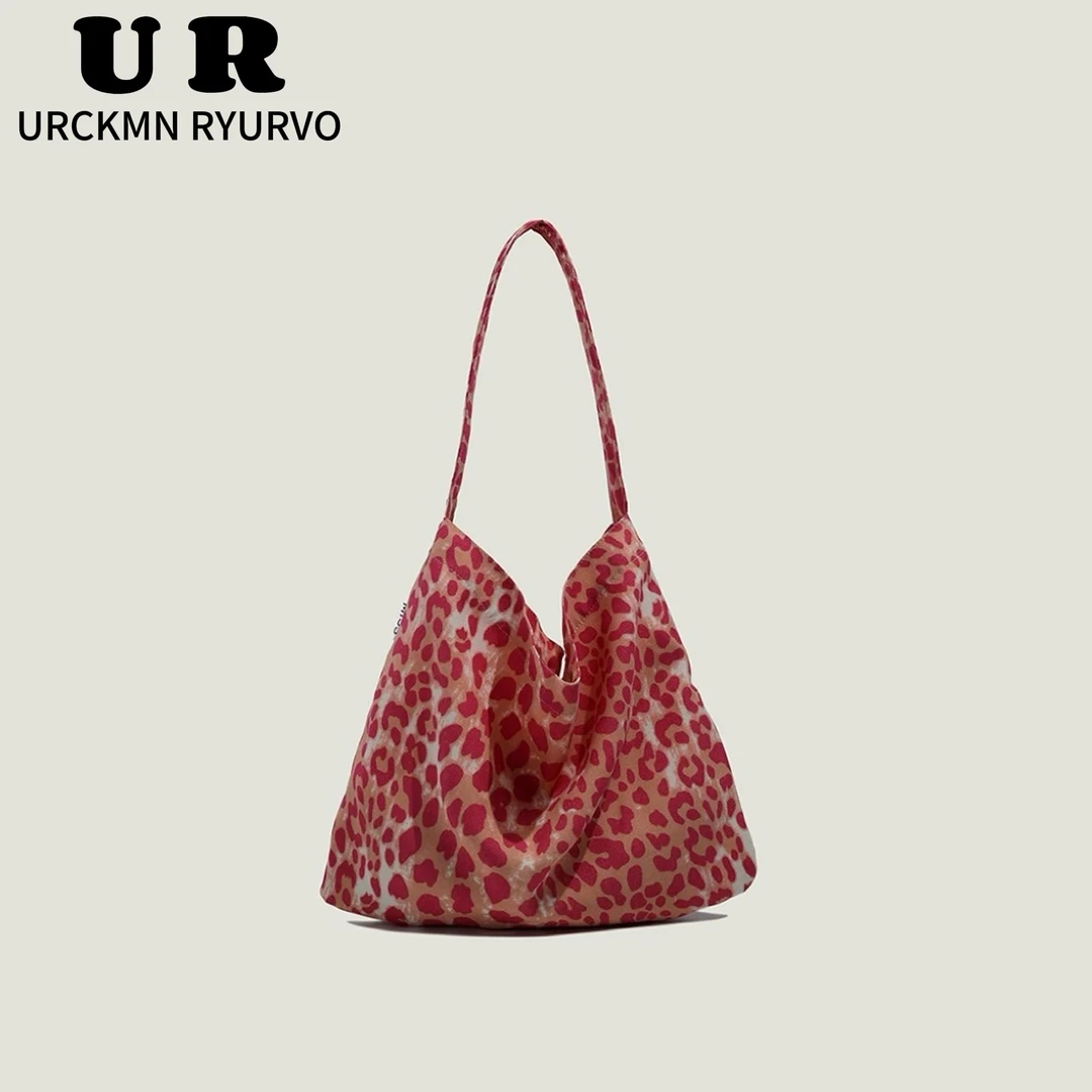 URCKMN RYURVO韩系慵懒风树莓粉色豹纹章若楠同款松弛感帆布袋女
