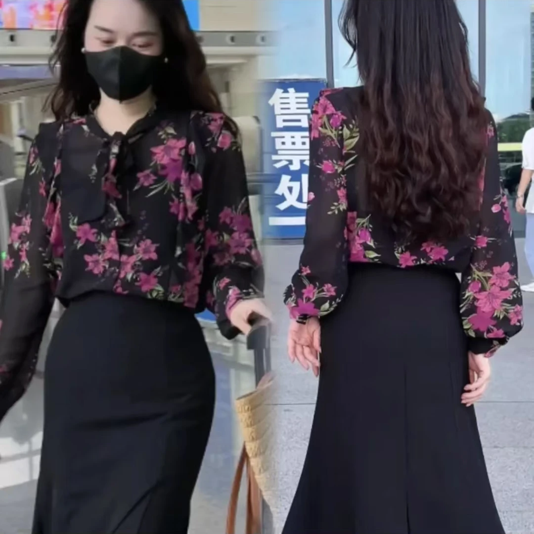 5998【衣长58】减龄衬衣女春夏新高级感气质雪纺碎花长袖显瘦百搭上