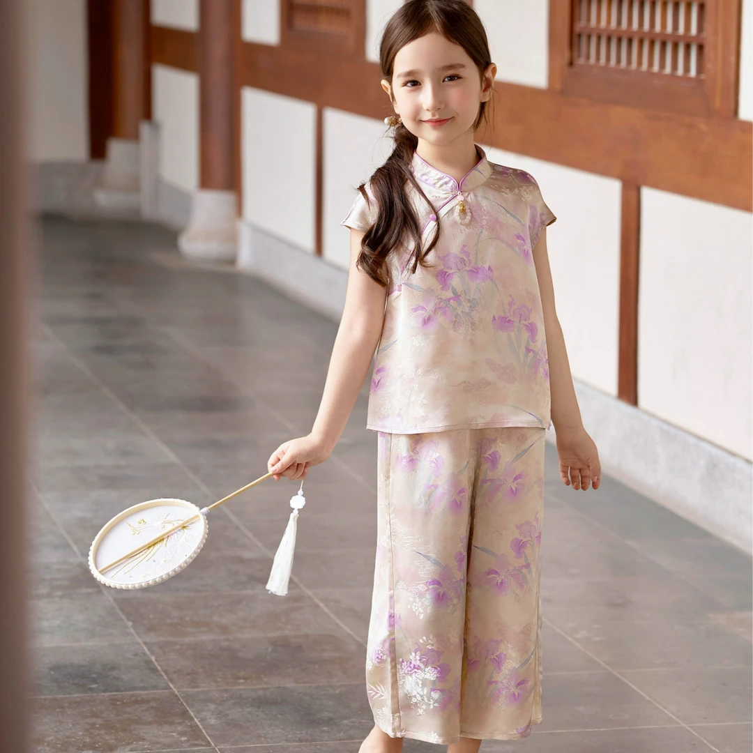 【凝香】泡芙定制 夏季100木薯丝25姆米花罗九分裤套装 DY1250464