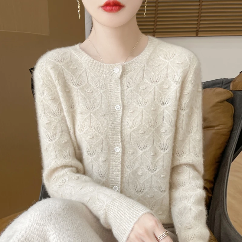 重磅勾花~秋冬新款澳洲羊毛开衫女圆领提花镂空羊毛衫毛衣针织衫