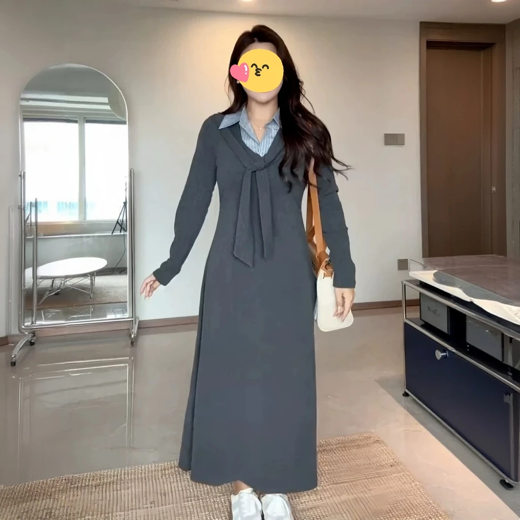 大码韩系学院风polo领灰色假两件连衣裙秋季胖mm收腰显瘦长款裙子