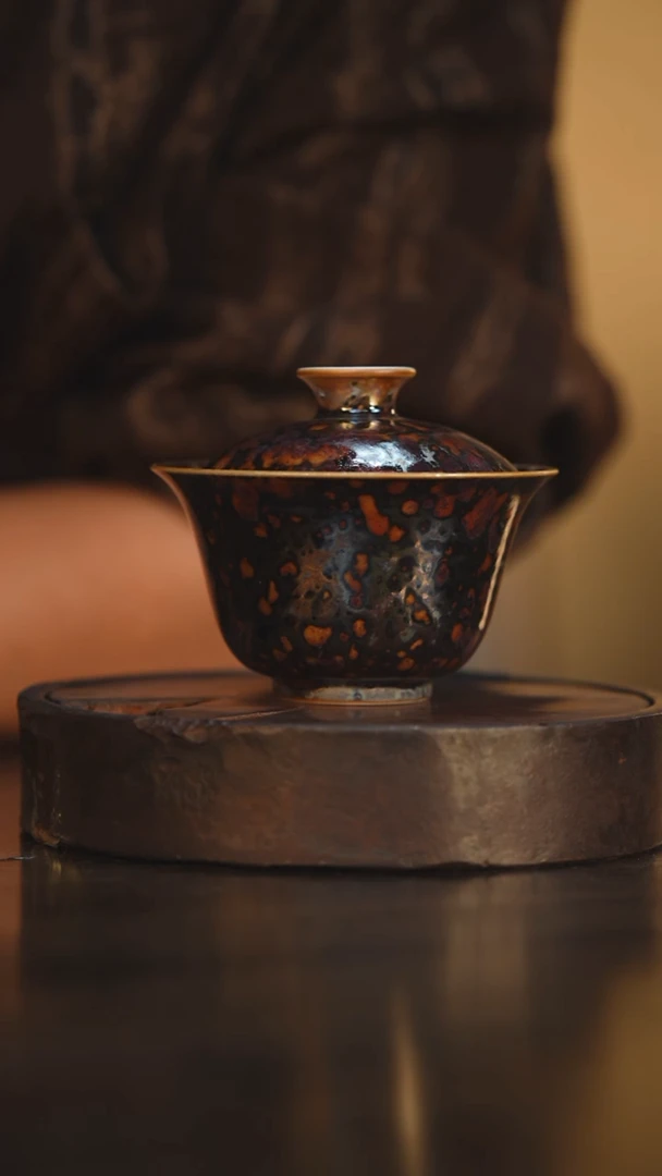 60柴房陶瓷柴烧斑鹿盖碗