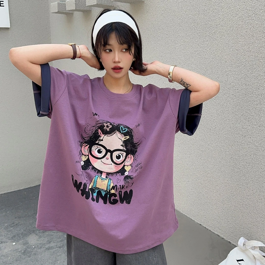 夏季眼睛女孩双色短袖百搭休闲宽松慵懒小众减龄重工大版设计感