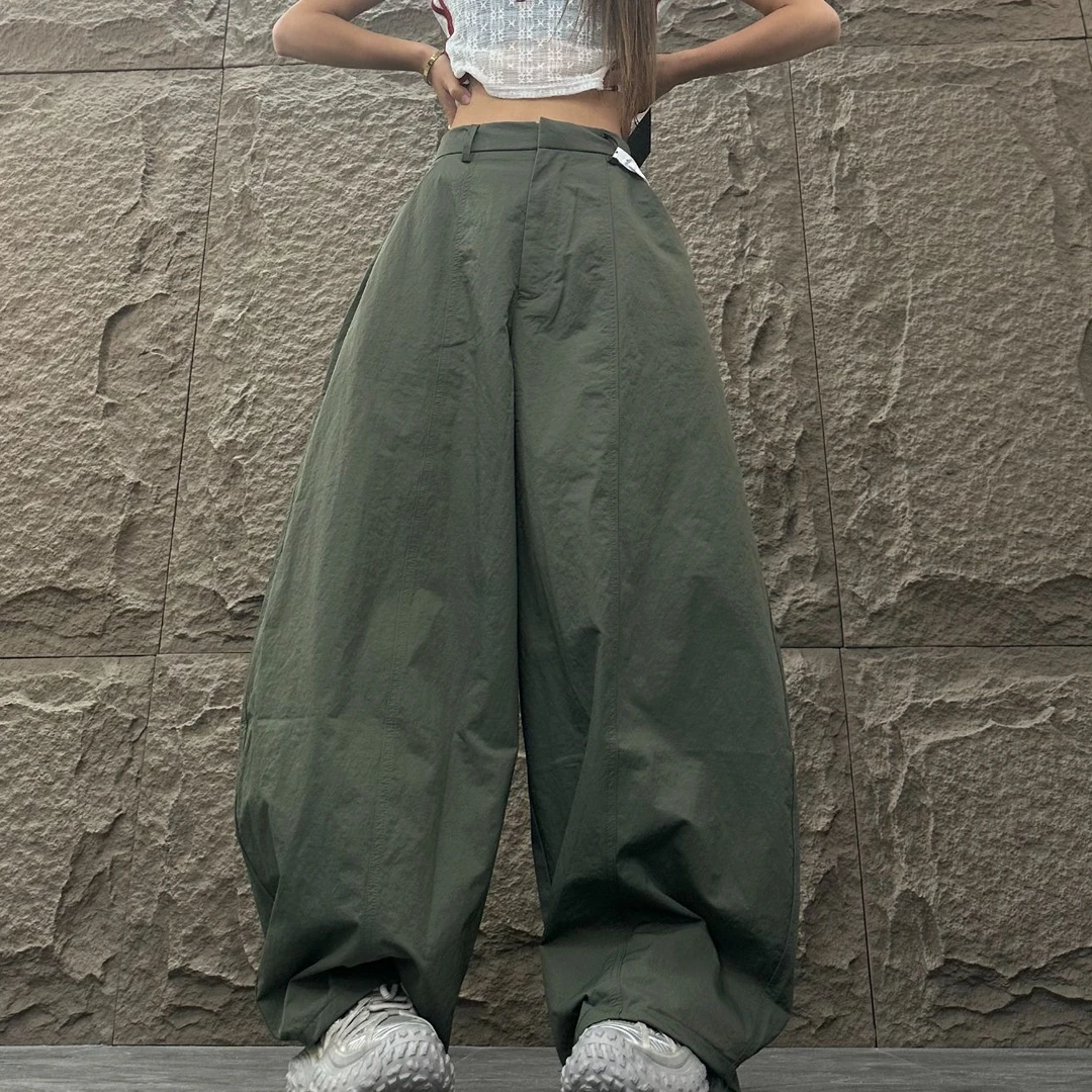WX1019 复古军绿色阔腿压褶阔腿裤小众休闲裤子ins潮休闲速干裤