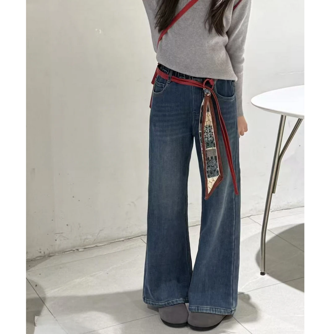 【豪宝贝】2025FW红腰带丝巾微喇一体绒牛仔裤5035