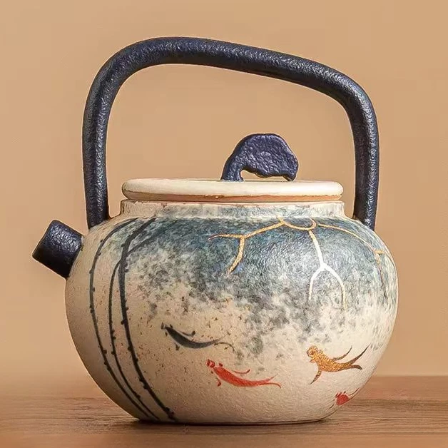 荷韵锦鲤青花火石红描金纯手绘茶壶泡茶壶陶瓷茶具提梁壶