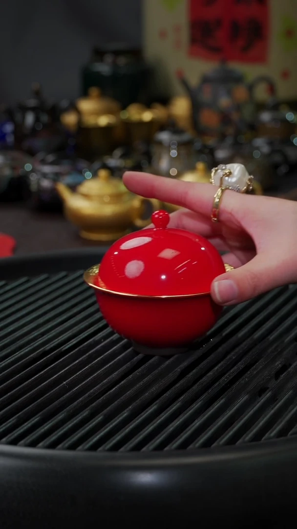 【闪购商品】杯【宜景窑中国红鎏金系列】盖碗