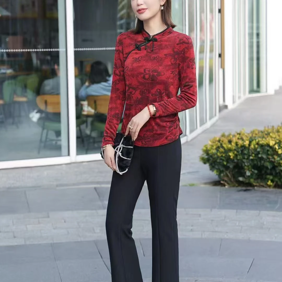 S3621新中式复古盘扣上衣扎染植绒长袖斜襟立领打底小衫