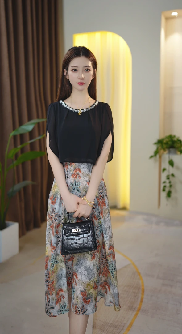 专柜正品2025夏季新款显瘦收腰连衣裙假两件裙子女中长款