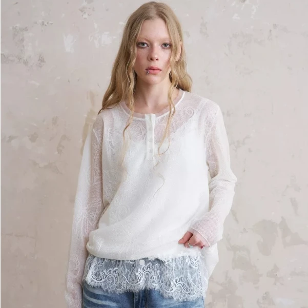 DIDDI MODA【直播专享】宽松轻盈少女感蝴蝶结亨利领针织上衣k428