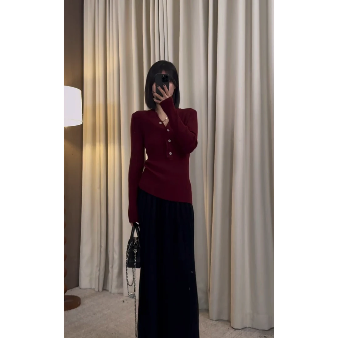 【ZZ严选】ML2201斯拉夫假两件修身套头针织衫女V领气质打底毛衣