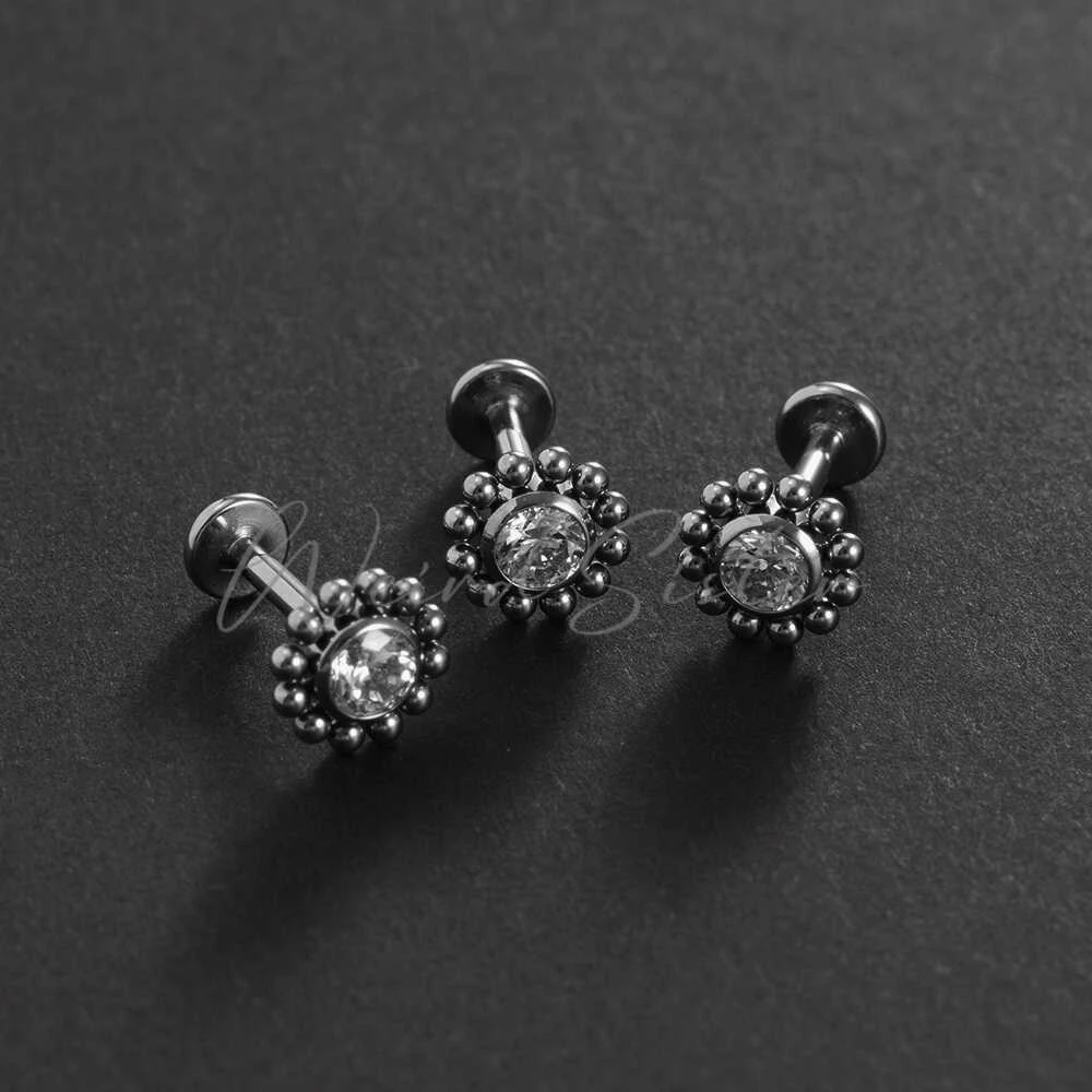 合金耳饰 做旧复古太阳花耳骨钉f136钛合金内螺纹穿刺饰品小众