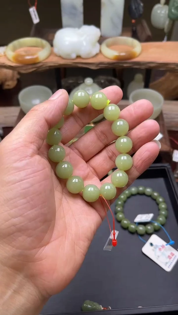 【闪购商品】和田玉手串未镶嵌卡14若羌青黄口圆珠A多样性发一
