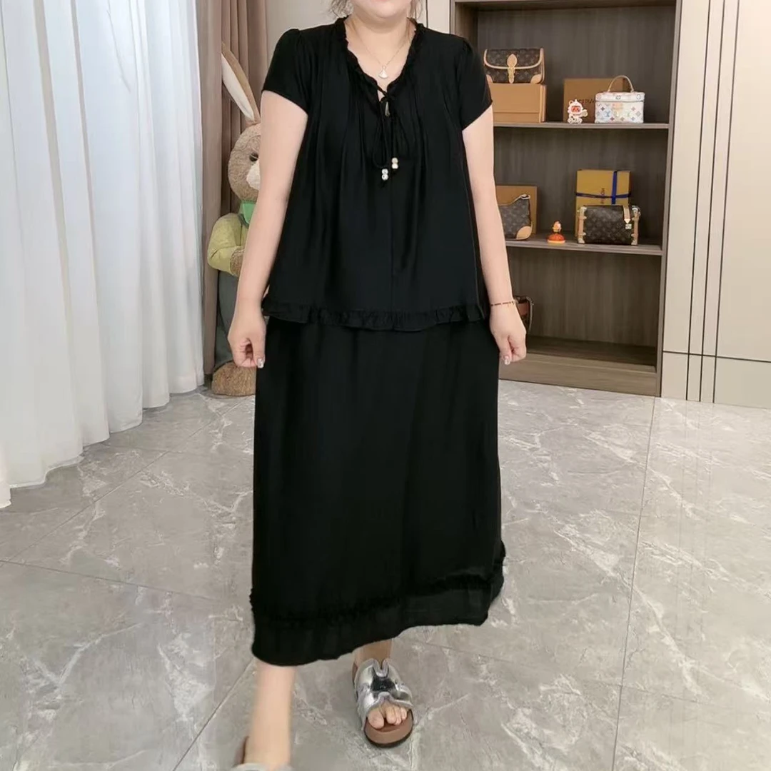 3971韩系温柔木耳边套裙两件套（上衣+半裙）