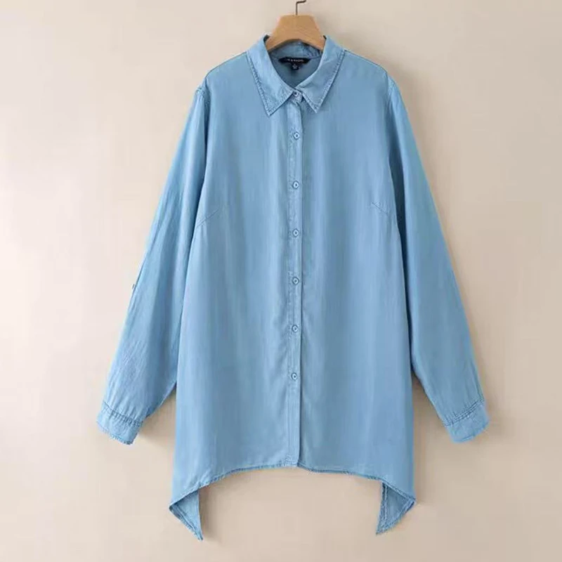 (浅蓝色牛仔衬衫)春季基础款柔软舒适宽松休闲纯色翻领衬衣W