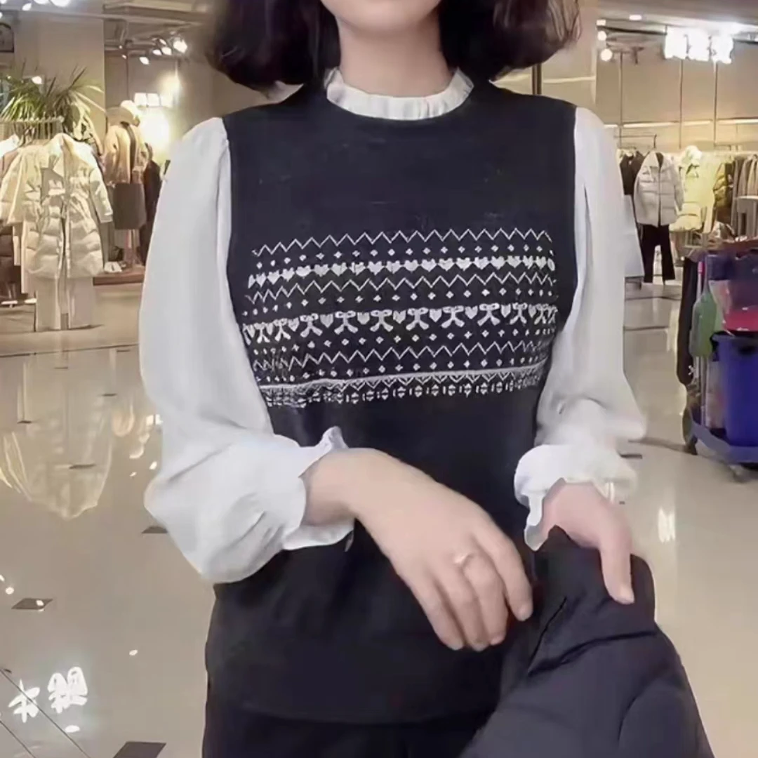 2025早春新款假2件小花边针织衬衫 2025822