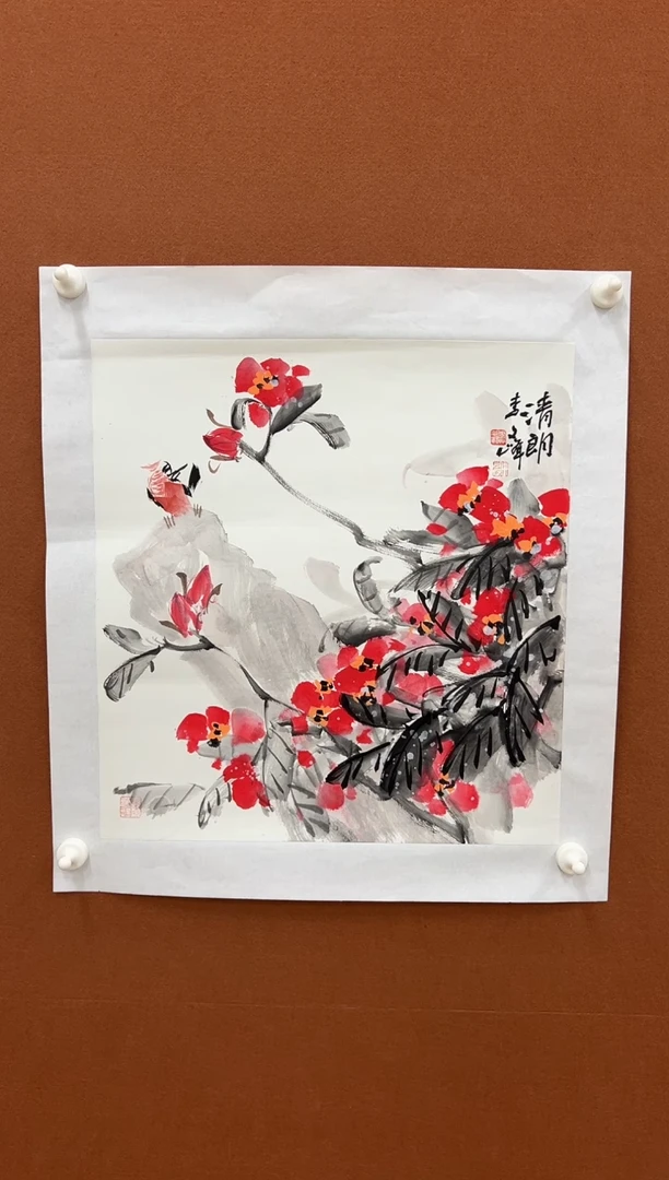 国画李文峰三尺斗方花鸟