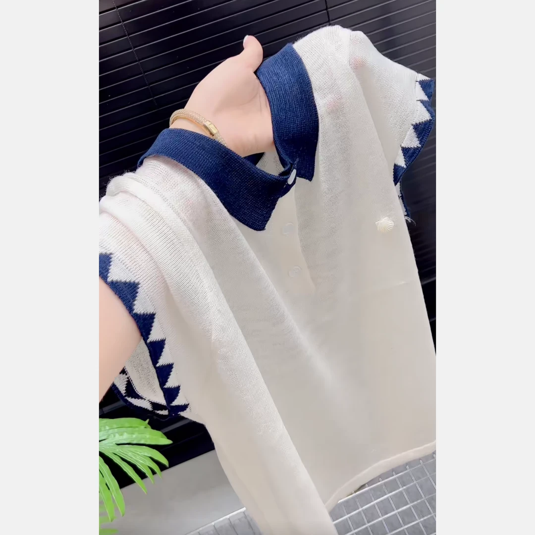 2025夏季新款时尚翻领短袖针织衫女宽松显瘦T恤上衣小衫薄款百搭