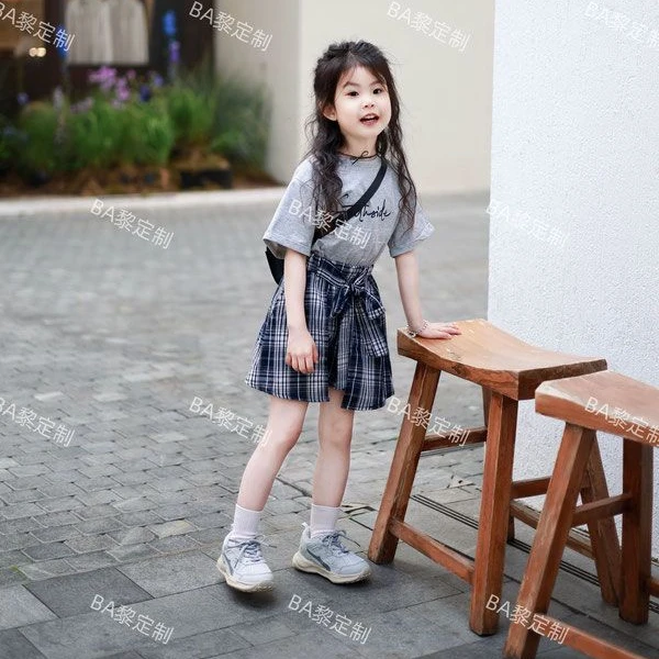 女童夏季套装儿童韩版港风字母T恤2025洋气不规则格子荷叶边裙裤